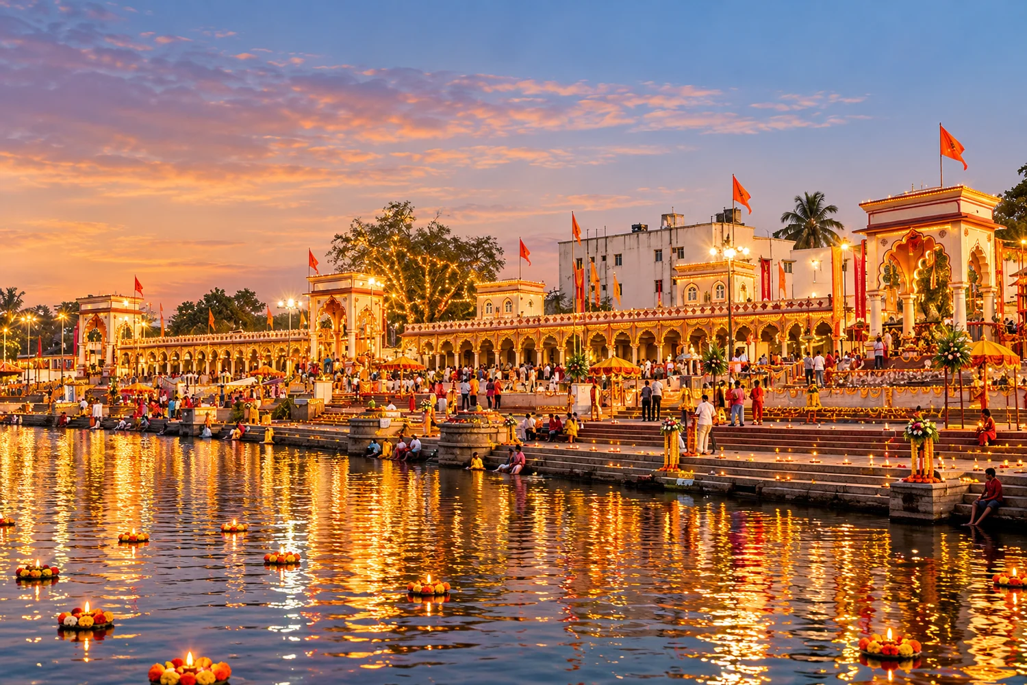 The riverside ghat at Alandi at dusk, with the temple colonnade and arched gateways lit up, saffron flags flying and floating lamps on the water.