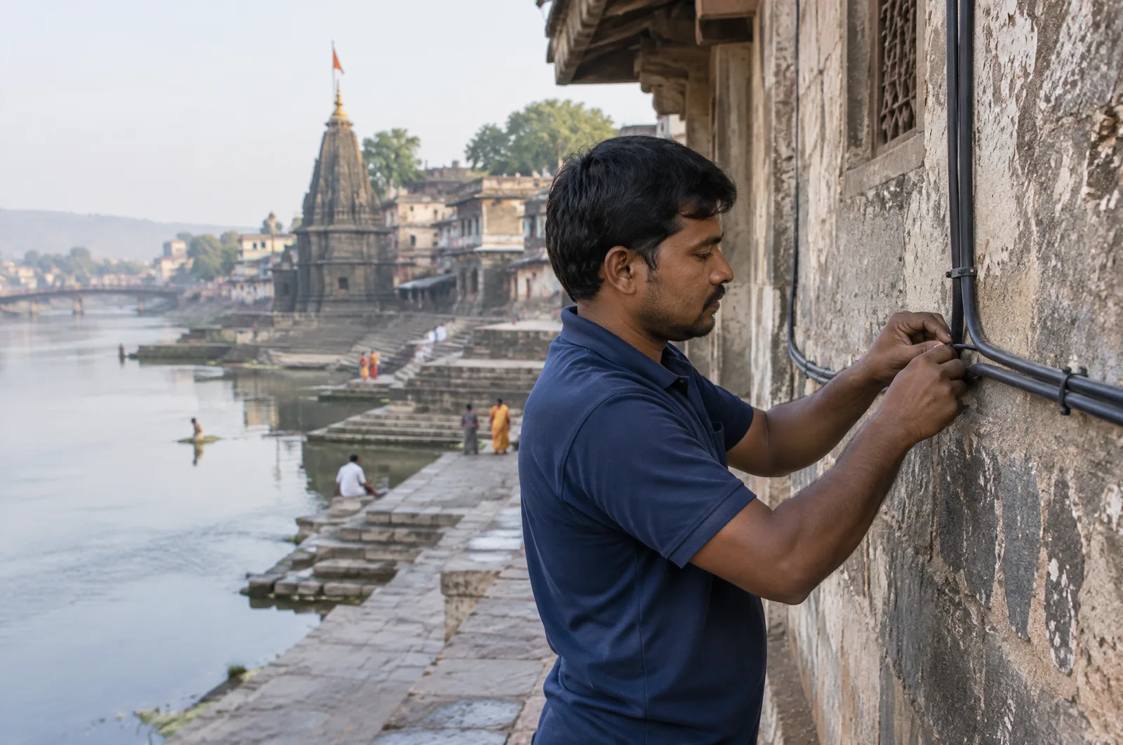 Illustrative photograph: a fibre technician at work in a Alandi setting.