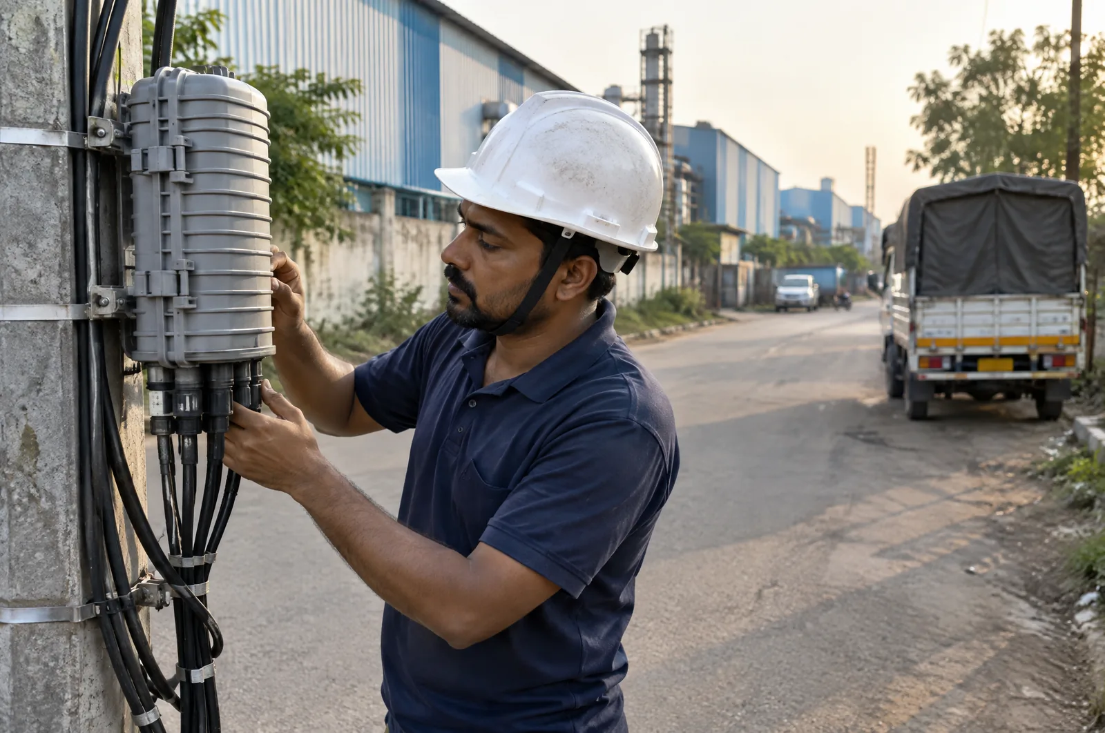 Illustrative photograph: a fibre technician at work in a Bhosari setting.