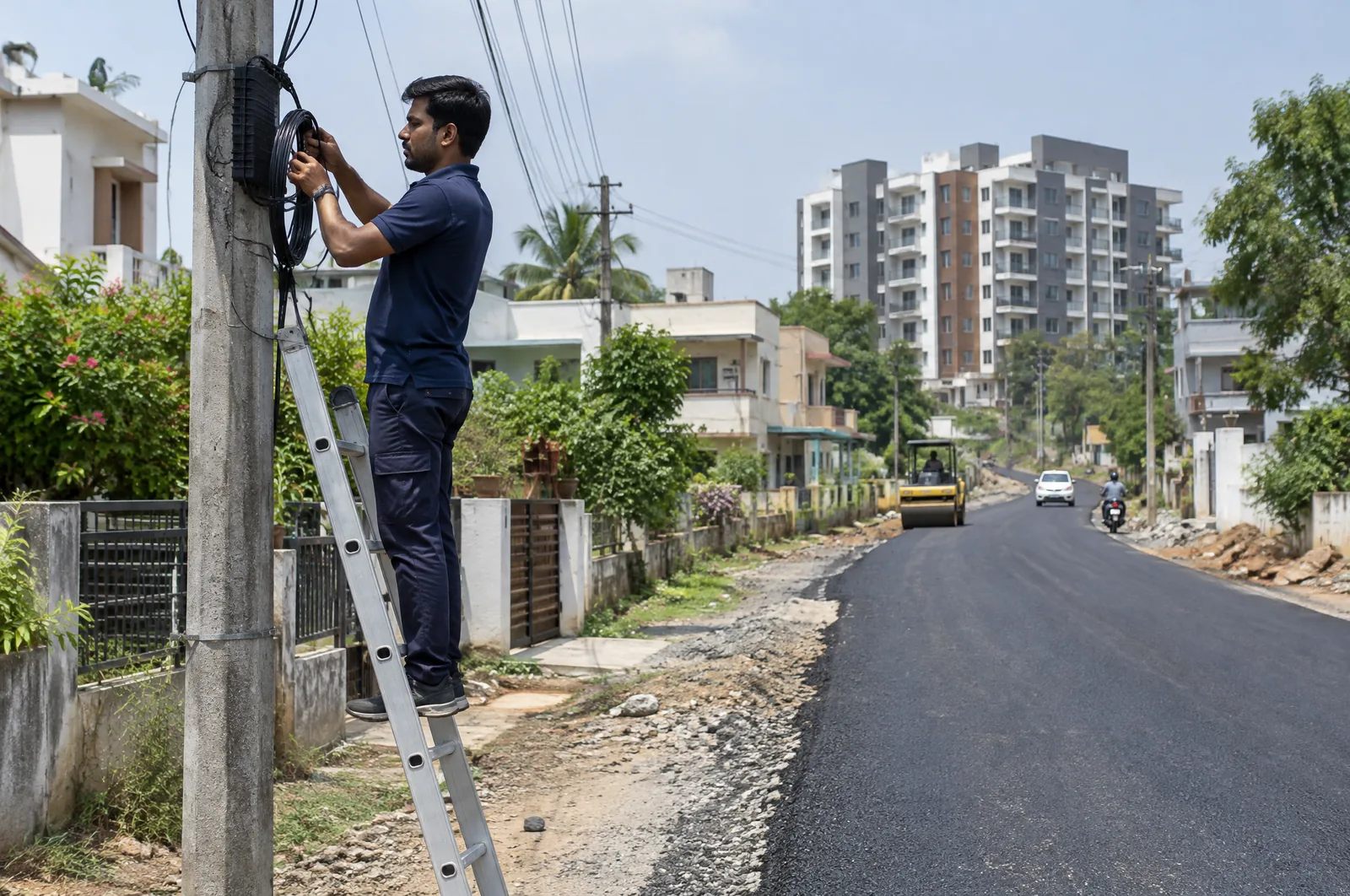Illustrative photograph: a fibre technician at work in a Borhadewadi setting.