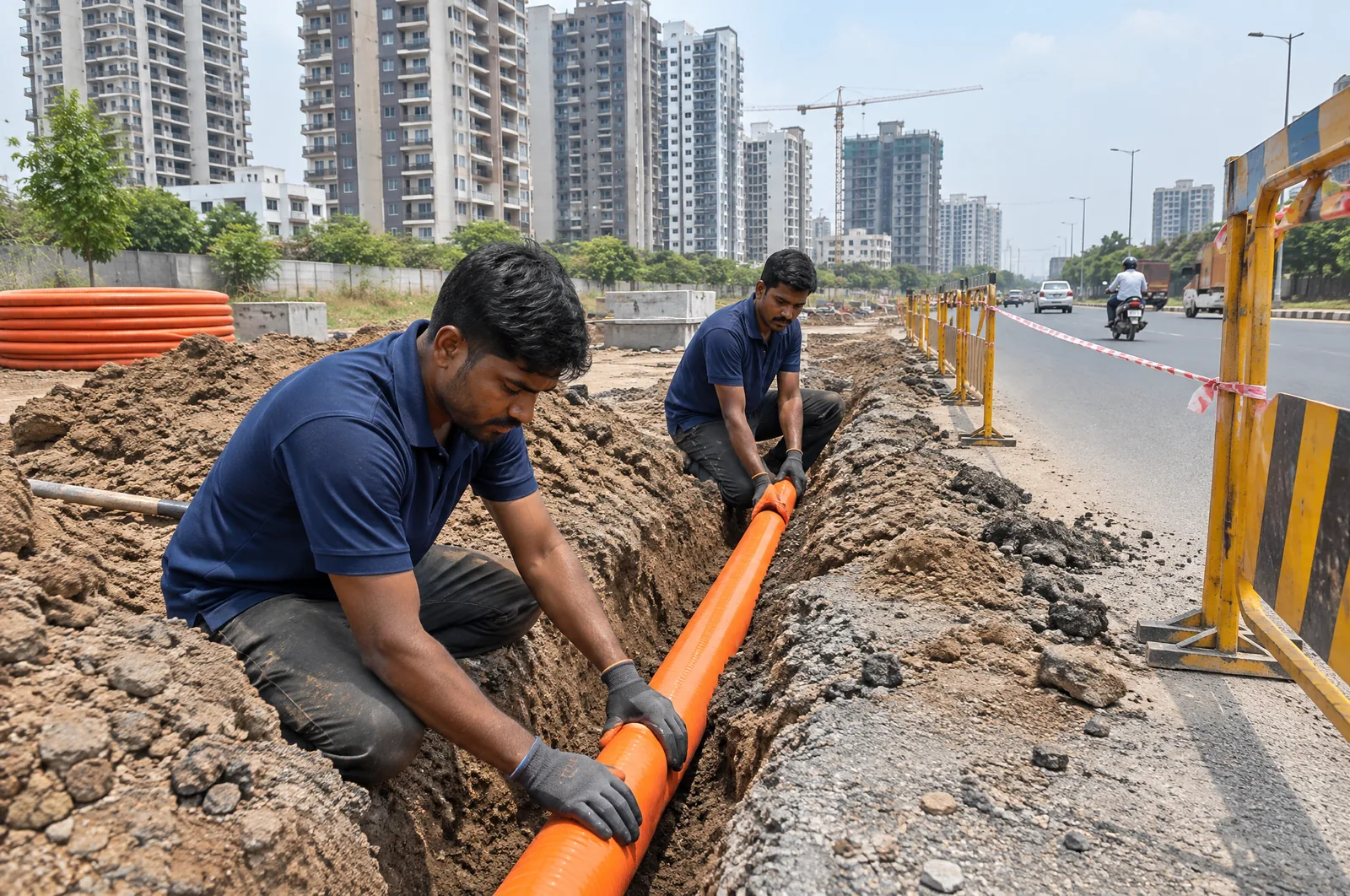 Illustrative photograph: a fibre technician at work in a Charholi setting.