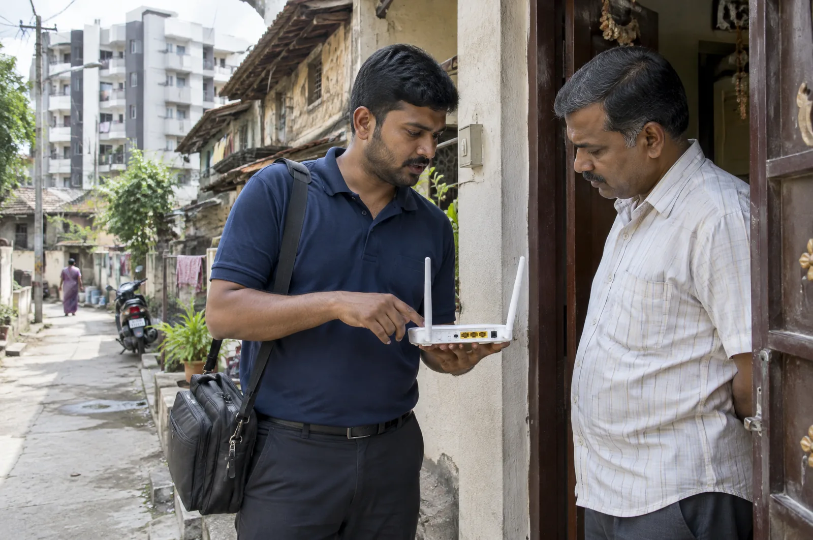 Illustrative photograph: a fibre technician at work in a Chikhali setting.