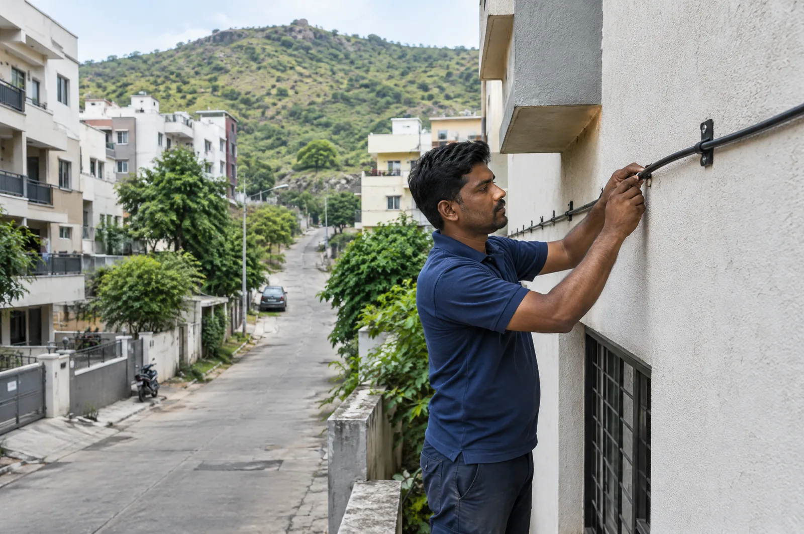 Illustrative photograph: a fibre technician at work in a Dighi setting.