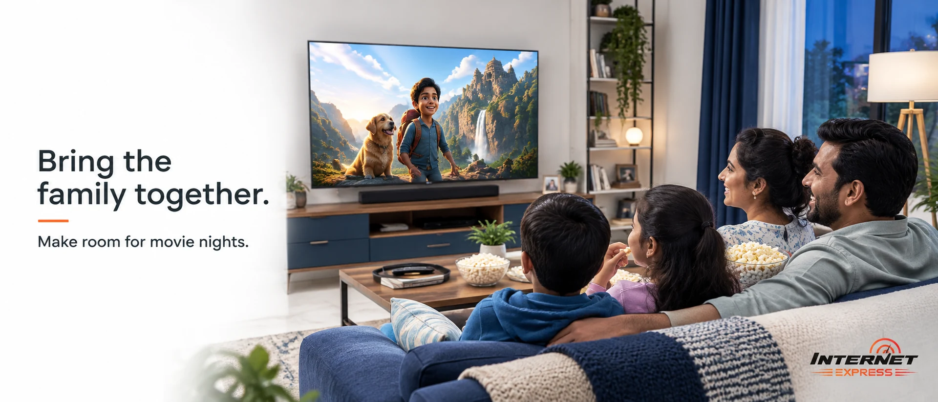 Family of four on a sofa watching an animated film on a large television with bowls of popcorn. Caption: bring the family together — make room for movie nights.