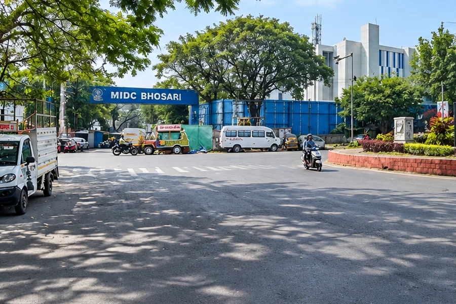 The MIDC Bhosari entrance arch on a wide tree-lined road with industrial units behind.