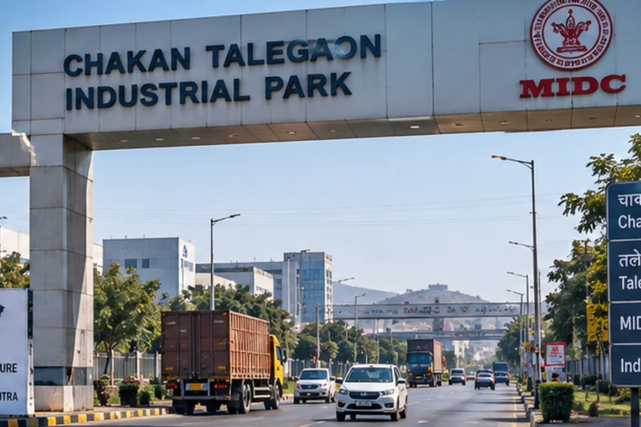 The Chakan Talegaon Industrial Park MIDC gateway with container trucks on the highway.