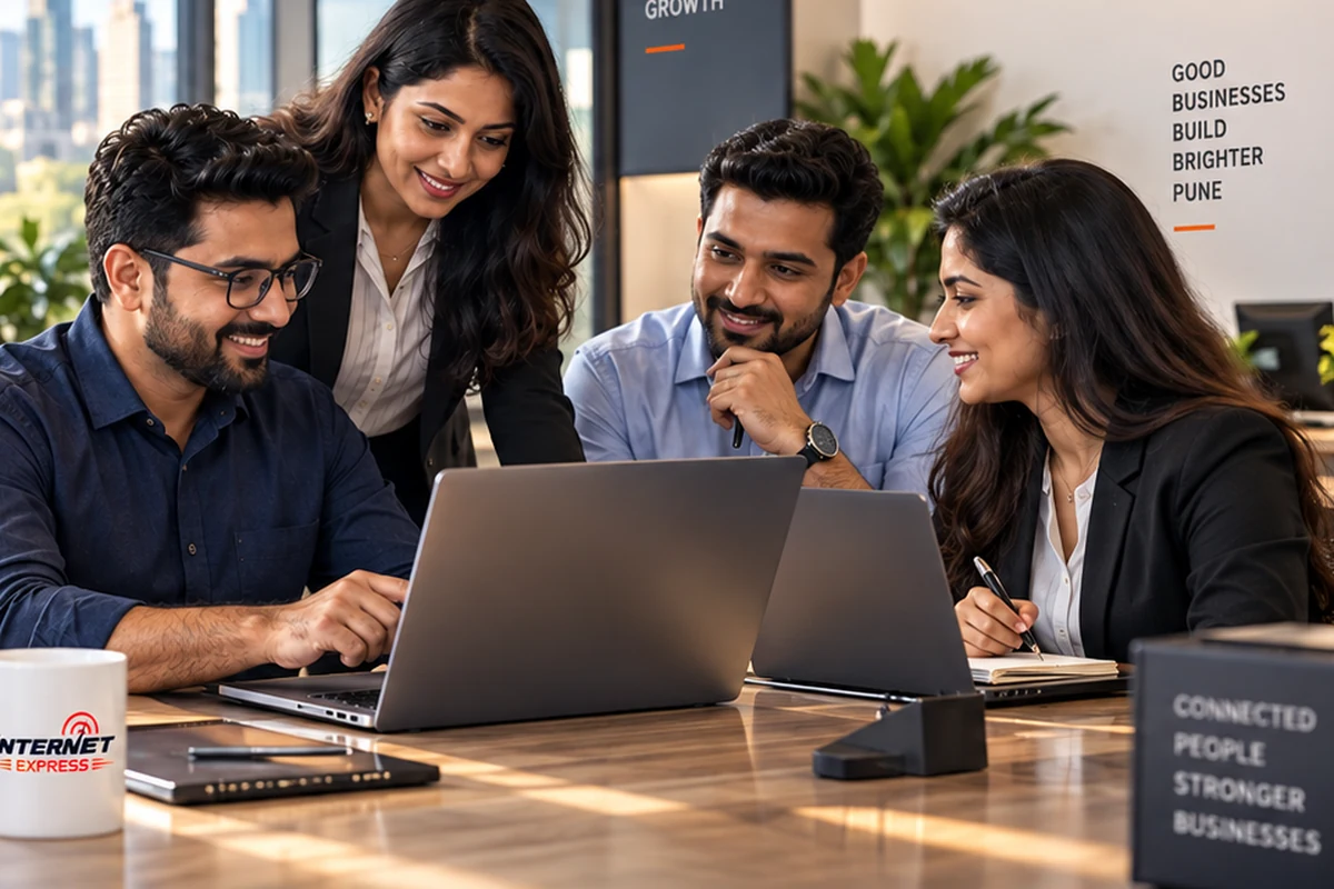 Colleagues working together at laptops in an office.