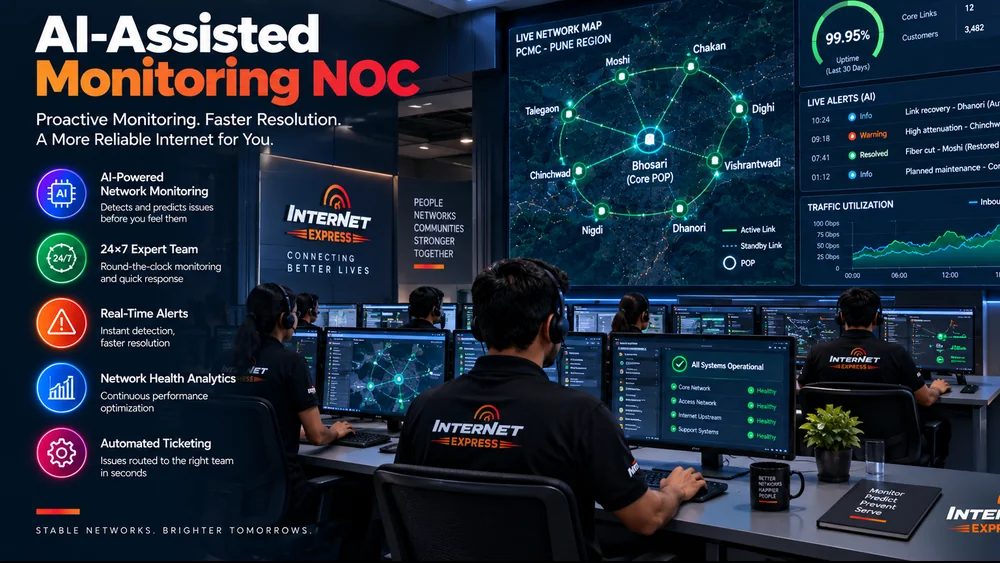 The Internet Express network operations centre, with the team at monitoring desks in front of a live network map and alert panels.