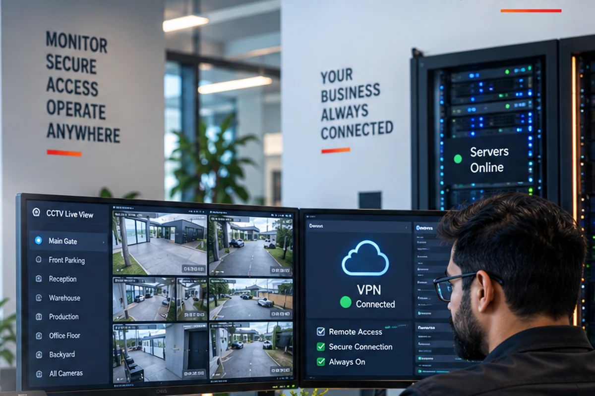 An operator at two monitors showing a CCTV live view grid and a VPN connection panel, with server racks behind.