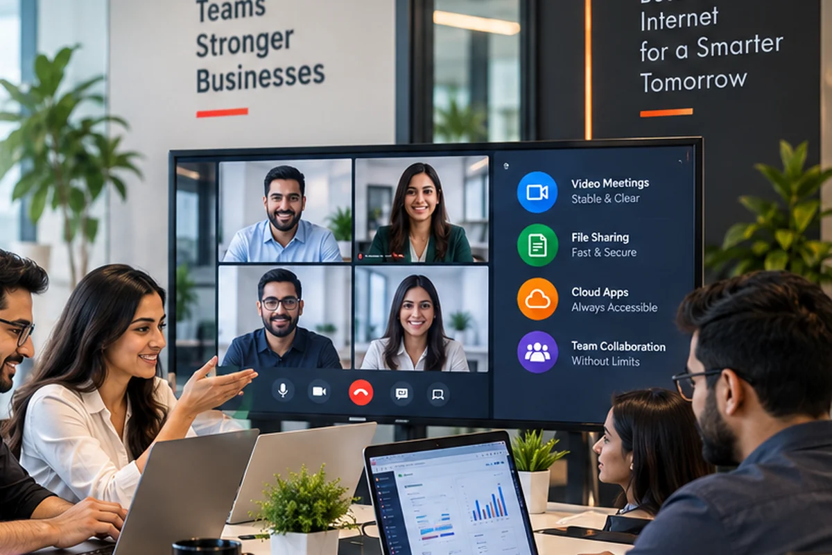 A team in a meeting room on a video call shown on a large wall screen, with laptops open on the table.