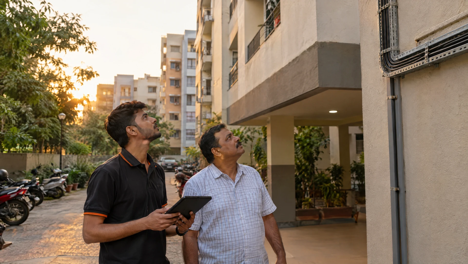An Internet Express field engineer with a tablet and a resident at a Pune housing society entrance, checking the cable route up the building.