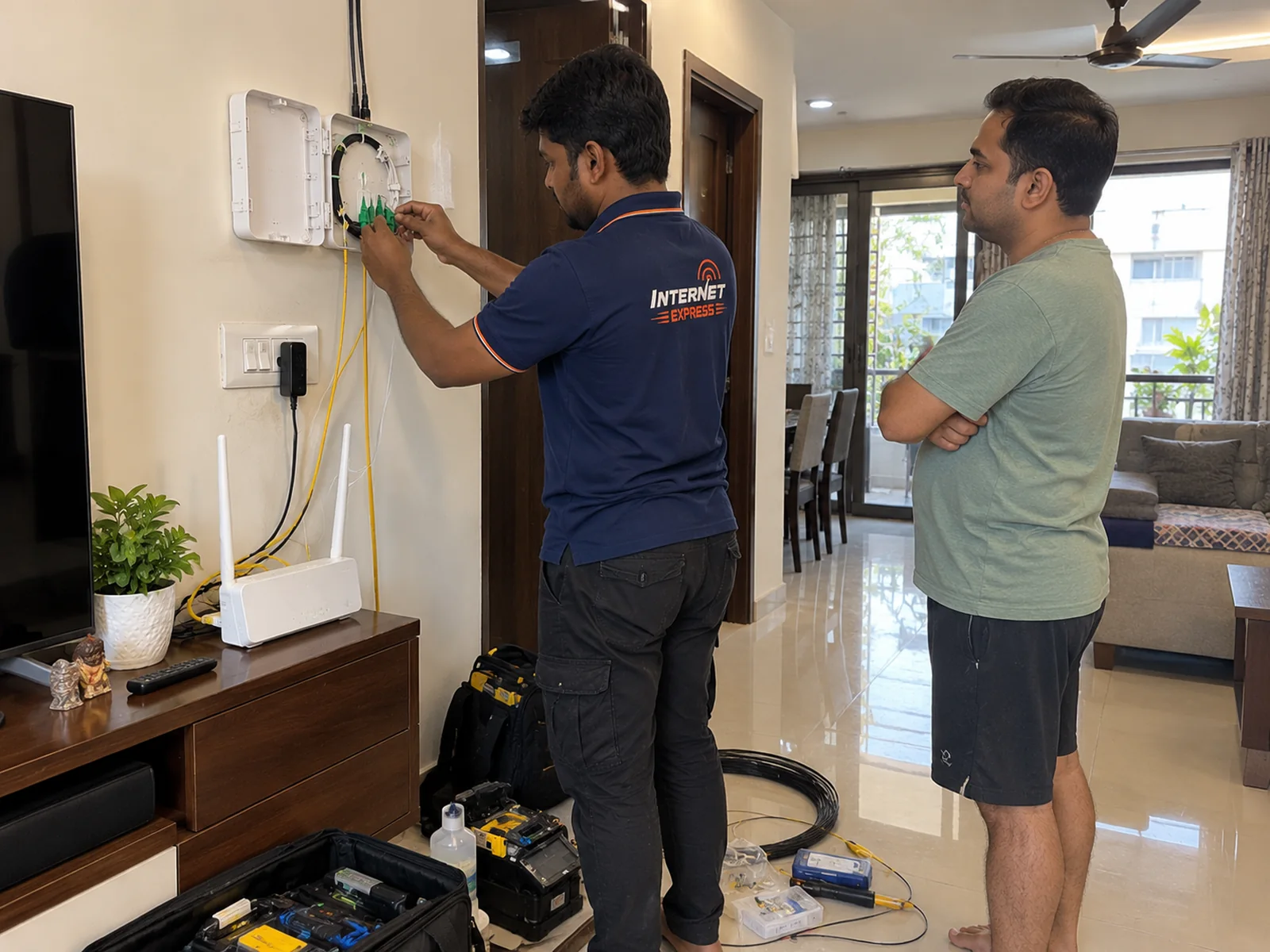 An Internet Express engineer terminating fibre into a wall-mounted fibre box in a Pune home while the customer watches, with the router and splicing kit in view.