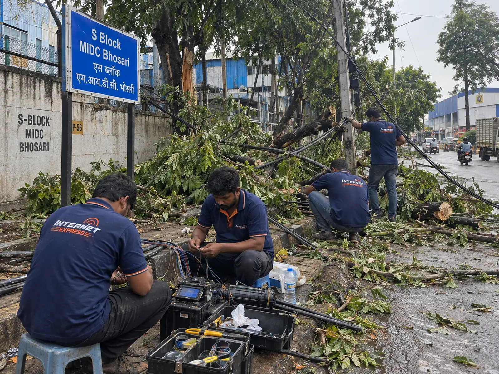 Internet Express engineers fusion splicing a damaged fibre cable at S Block, MIDC Bhosari, after a tree fall brought down an aerial span.