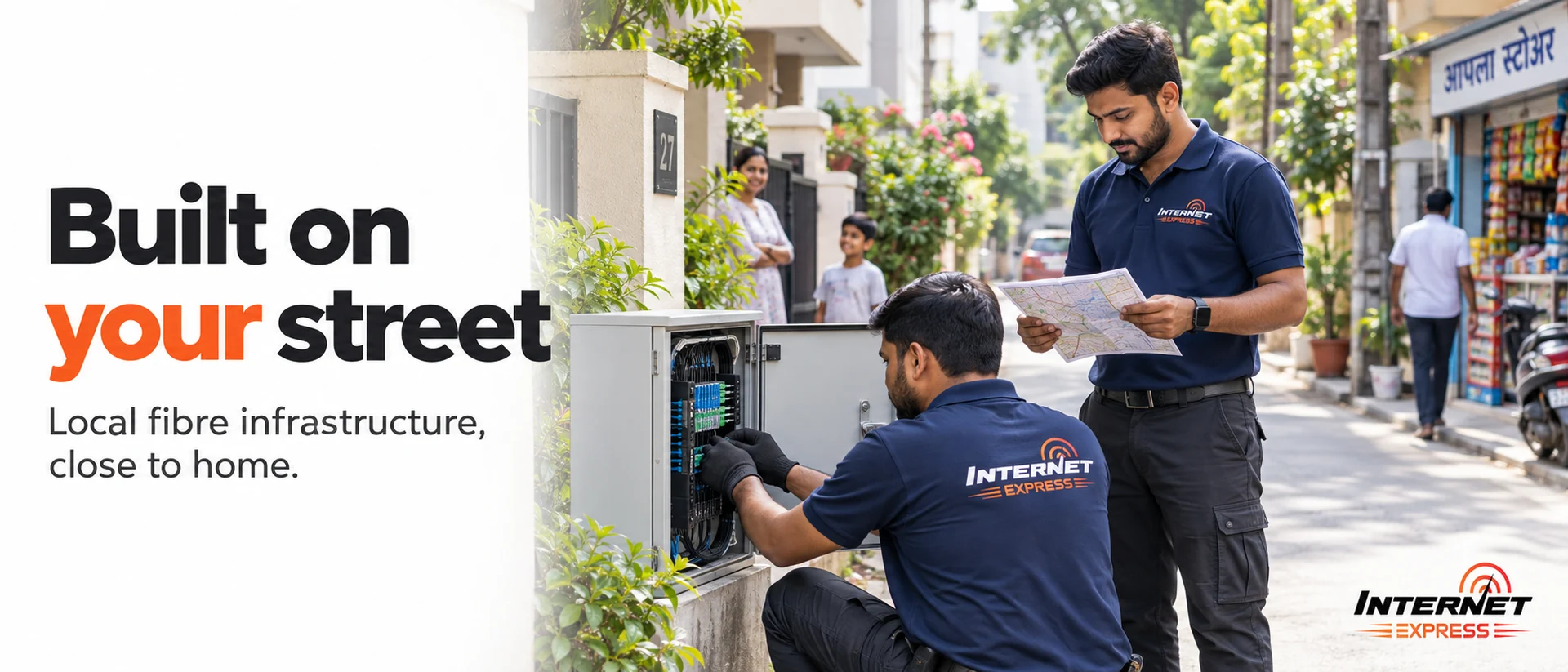 Two Internet Express engineers on a residential lane, one splicing at a street-side fibre box and one checking a route map, with a family watching from their gate. Caption: built on your street — local fibre infrastructure, close to home.