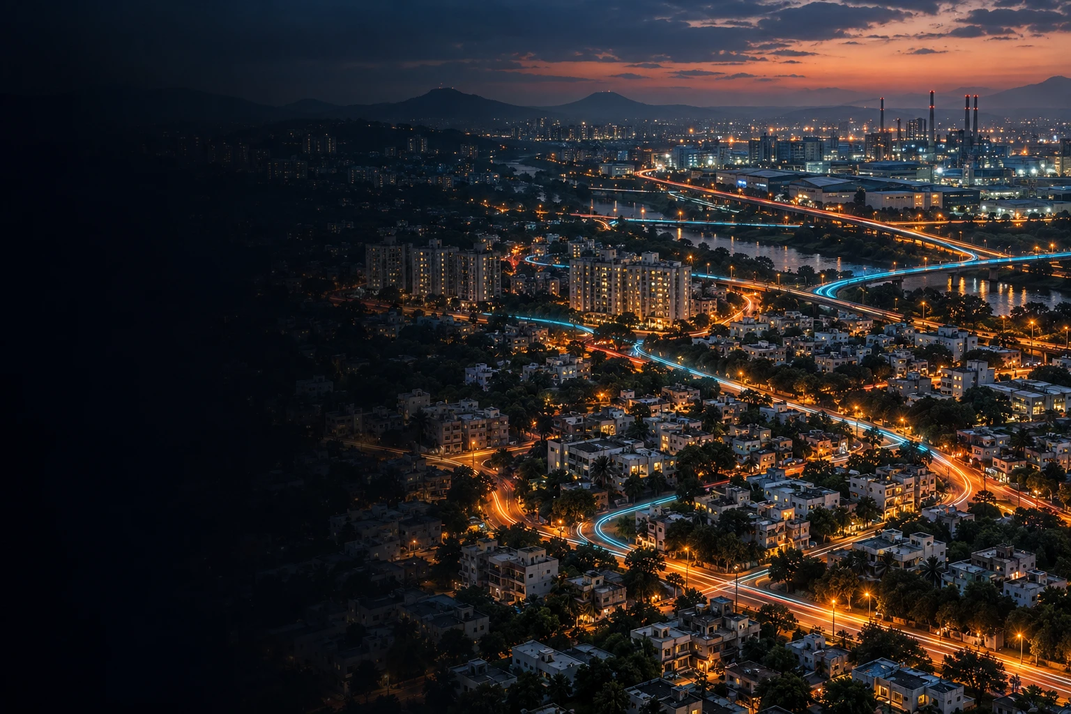 Conceptual Pune and PCMC inspired cityscape at dusk with illuminated fibre paths. This artwork is not a geographical coverage map.