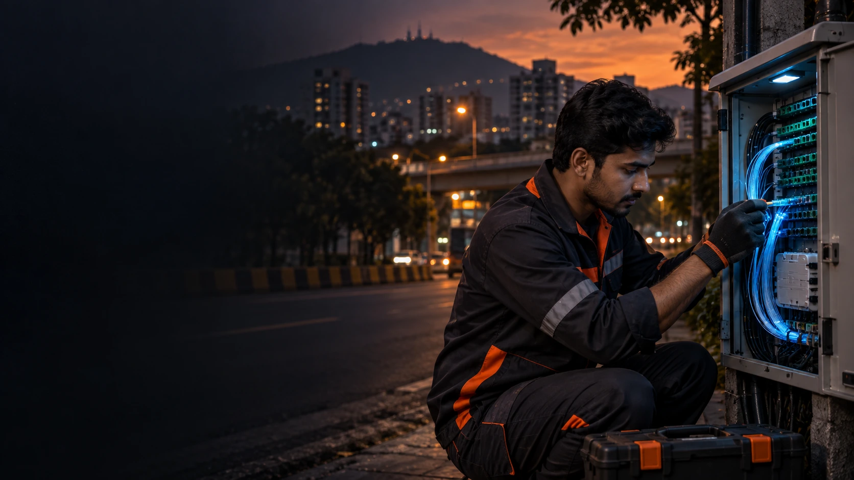 Illustrative fibre technician inspecting a local optical distribution point at evening.