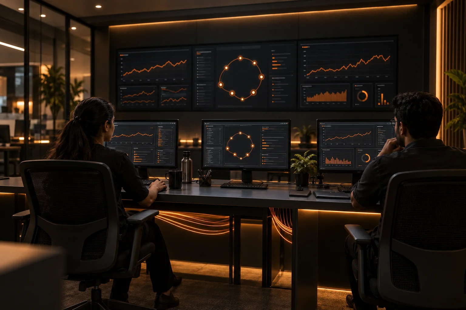 Illustrative local network operations room, with two engineers viewing network signals and a ring diagram.