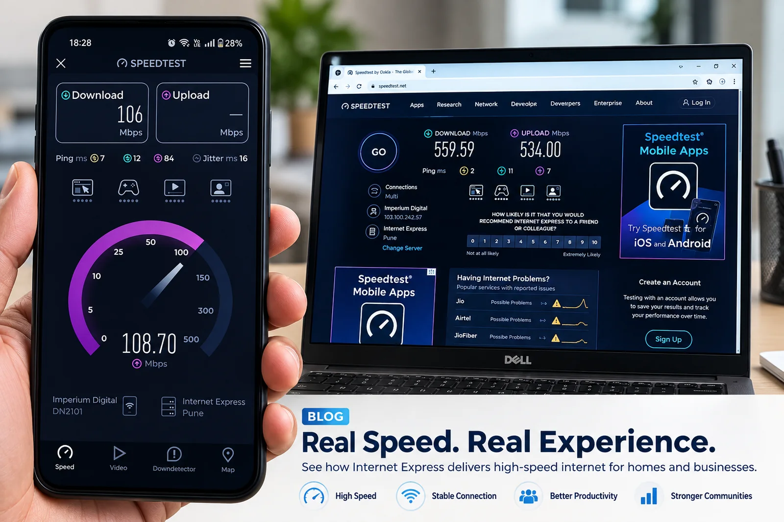 A speed test on an Internet Express connection showing 559 Mbps download and 534 Mbps upload on a laptop over cable, beside a phone on Wi-Fi showing 106 Mbps.