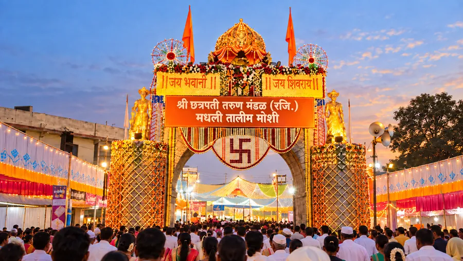 Decorated festival archway at Moshi at dusk, carrying the Shri Chhatrapati Tarun Mandal Madhali Talim Moshi board, flanked by golden statues and flags, with a crowd walking through beneath strings of lights.