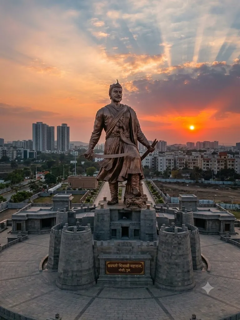 Large bronze statue of Chhatrapati Shivaji Maharaj on a stone fort-style plinth at Moshi, photographed at sunset with apartment towers behind.