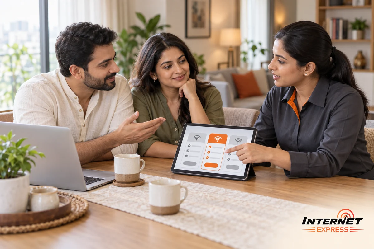 An Internet Express representative sitting with a couple at their dining table, showing plan options on a tablet.