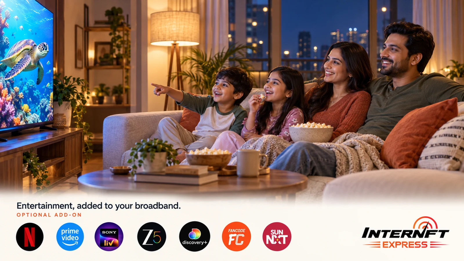 A family watching a nature film together on a television at home, with a row of OTT app logos below: Netflix, Prime Video, SonyLIV, ZEE5, discovery+, FanCode and Sun NXT. Caption: entertainment, added to your broadband — optional add-on.