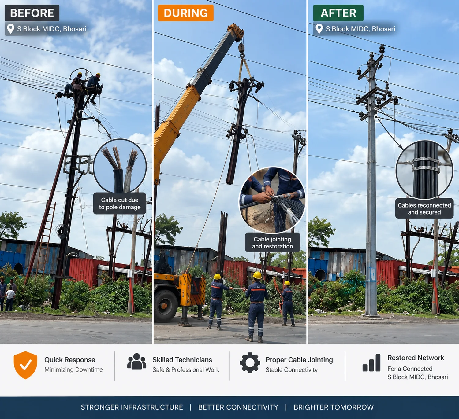 Before, during and after a pole and cable restoration at S Block MIDC Bhosari: the damaged pole, the crane lift and cable jointing, and the replaced pole with cables secured.
