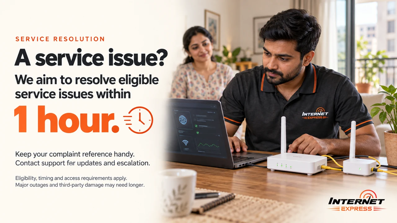 An Internet Express engineer at a customer’s dining table checking the connection on a laptop beside the router, the customer watching. Caption: a service issue? We aim to resolve eligible service issues within 1 hour.