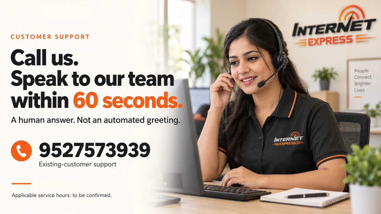 An Internet Express support agent wearing a headset at her desk, smiling as she takes a call. Caption: call us, speak to our team within 60 seconds — a human answer, not an automated greeting, on 9527573939.