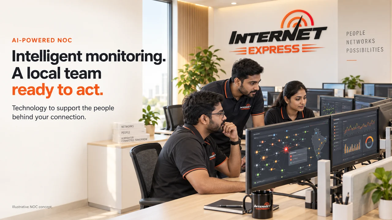 Three Internet Express engineers watching network monitoring dashboards in the operations centre. Caption: intelligent monitoring, a local team ready to act.