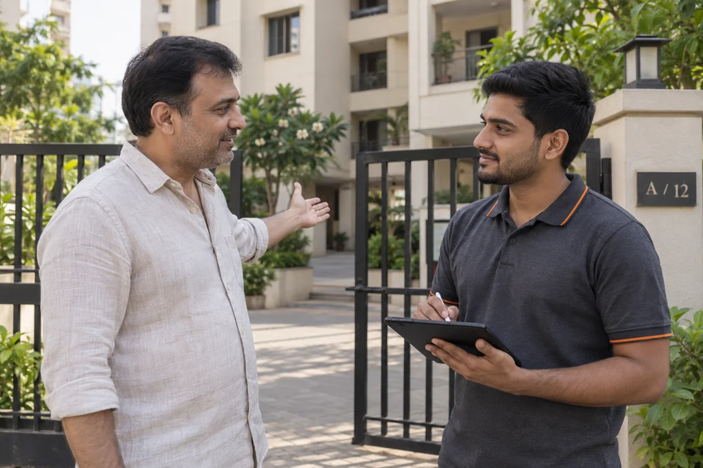 A residential gate with the flat number A/12, where a resident points out his society to an Internet Express engineer who is noting the address on a tablet.