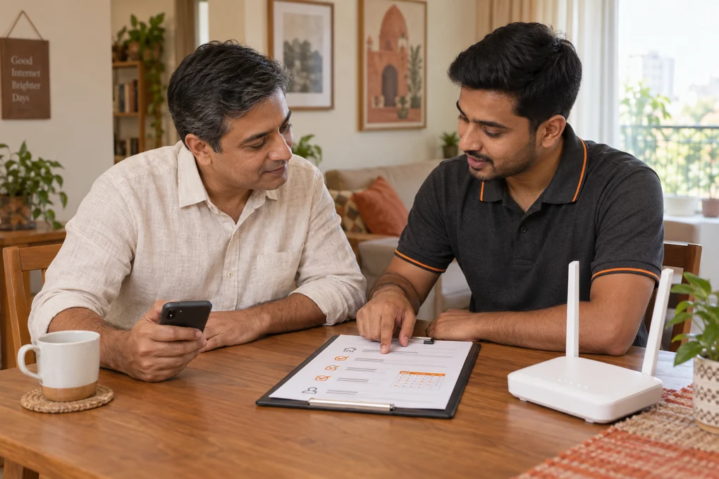 An Internet Express engineer at a dining table, going through a printed checklist and a calendar with a customer, with a router on the table beside them.