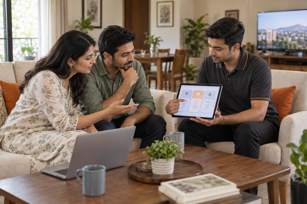 A couple on their sofa talking with an Internet Express engineer, who is showing plan options on a tablet.