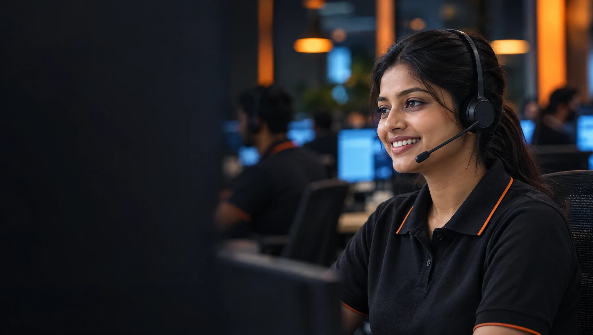 An Internet Express support agent wearing a headset, smiling as she takes a customer call in the support office.