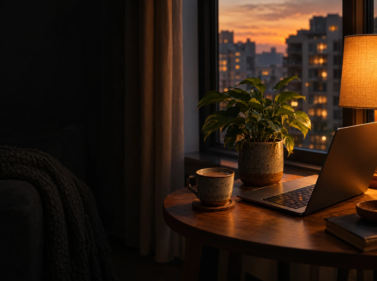 A laptop, a cup of chai and a plant on a table by a window at dusk.