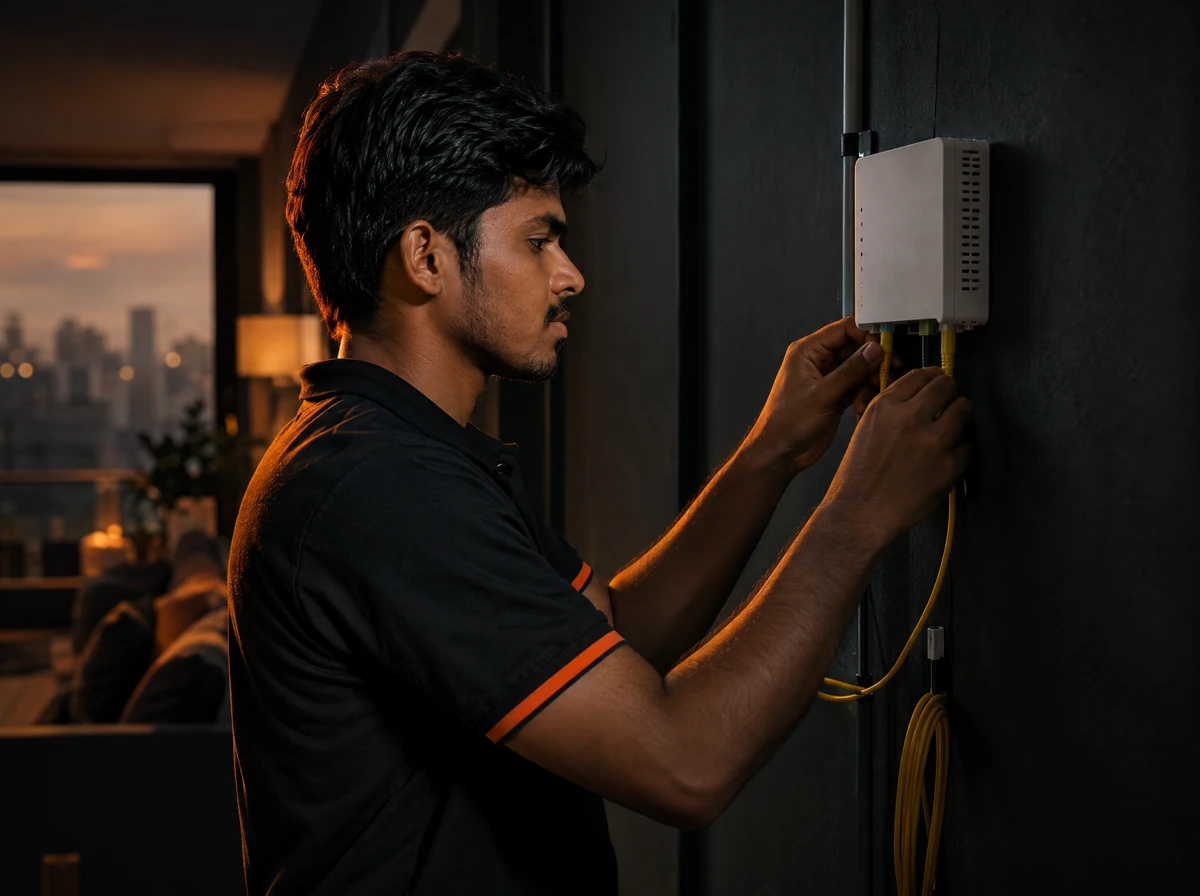An Internet Express technician fitting fibre patch cords into a router box on a customer's wall.
