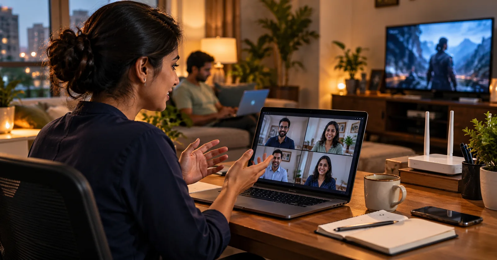 A woman on a video call at home while another person works on a laptop and a TV streams in the background, with a Wi-Fi router on the desk.